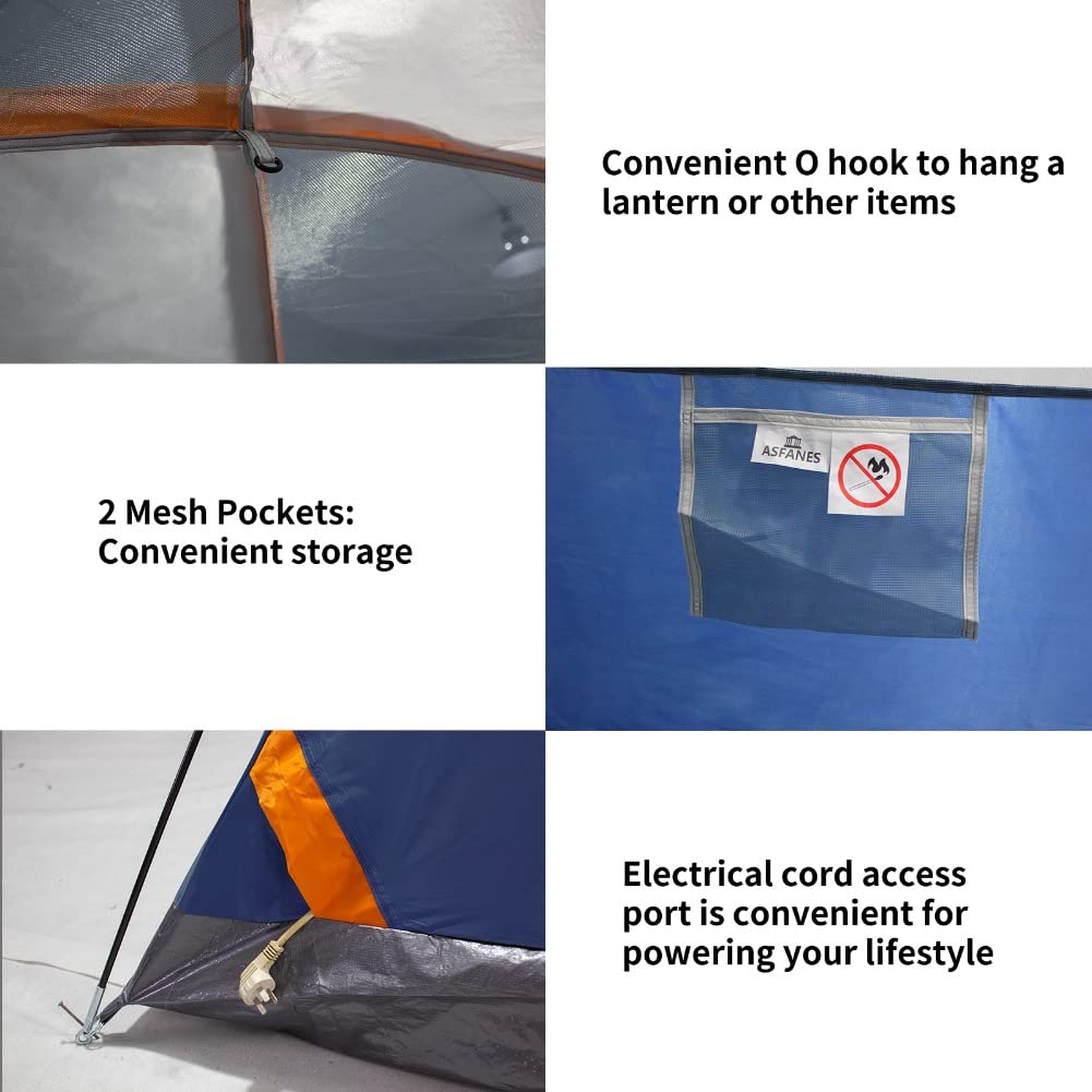 ASFANES tent's large D-shaped door enables easy entry and gear access.
