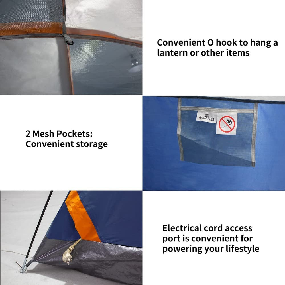 ASFANES tent's large D-shaped door enables easy entry and gear access.