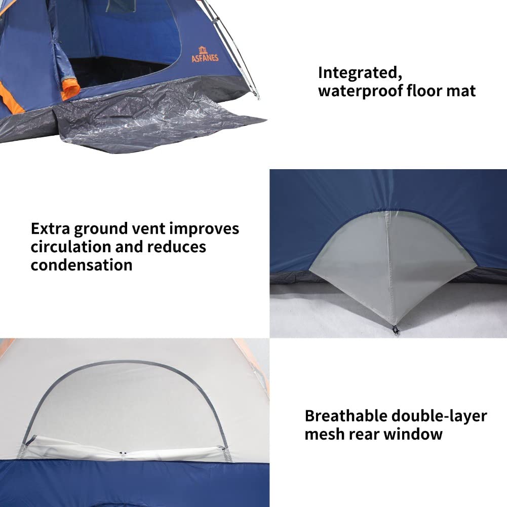 ASFANES tent highlights double-layer windows and skylight for fresh air.