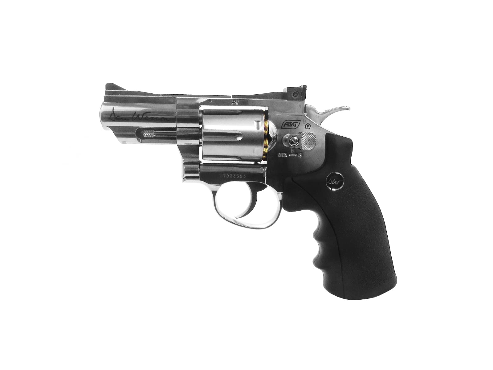 ASG Dan Wesson pellet revolver side view shows silver finish and compact 2.5 inch barrel.