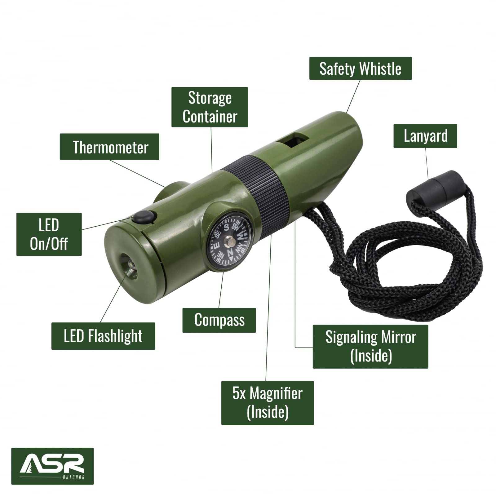 ASR Outdoor 7-in-1 survival kit close-up showing essential tools.