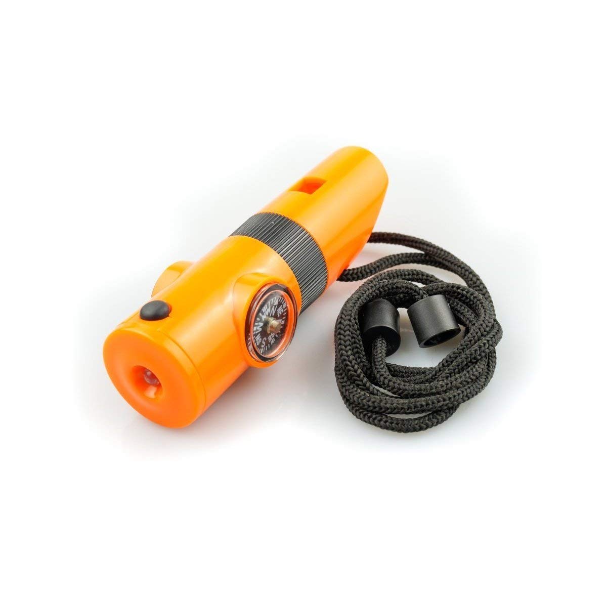 ASR Outdoor 7-in-1 survival whistle with LED light, compass, and mirror for outdoor safety.