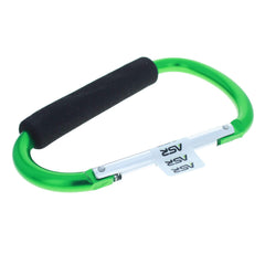 ASR Outdoor green carabiner securing gear to a backpack in use