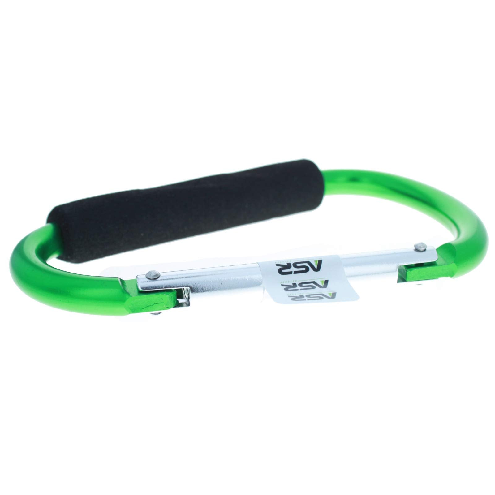 ASR Outdoor green carabiner attached to tent line for camping setup