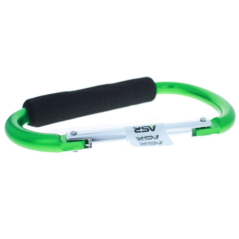 ASR Outdoor green carabiner attached to tent line for camping setup