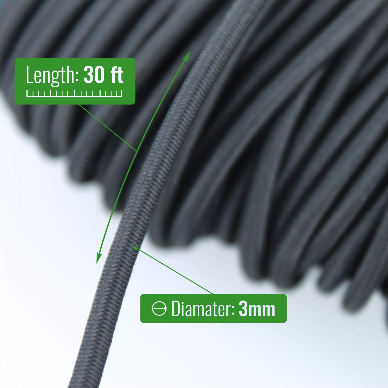 ASR Outdoor elastic shock cord closeup black 3 mm showing elasticity for quick fixes.