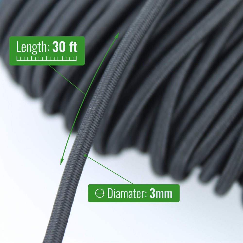 ASR Outdoor elastic shock cord closeup black 3 mm showing elasticity for quick fixes.