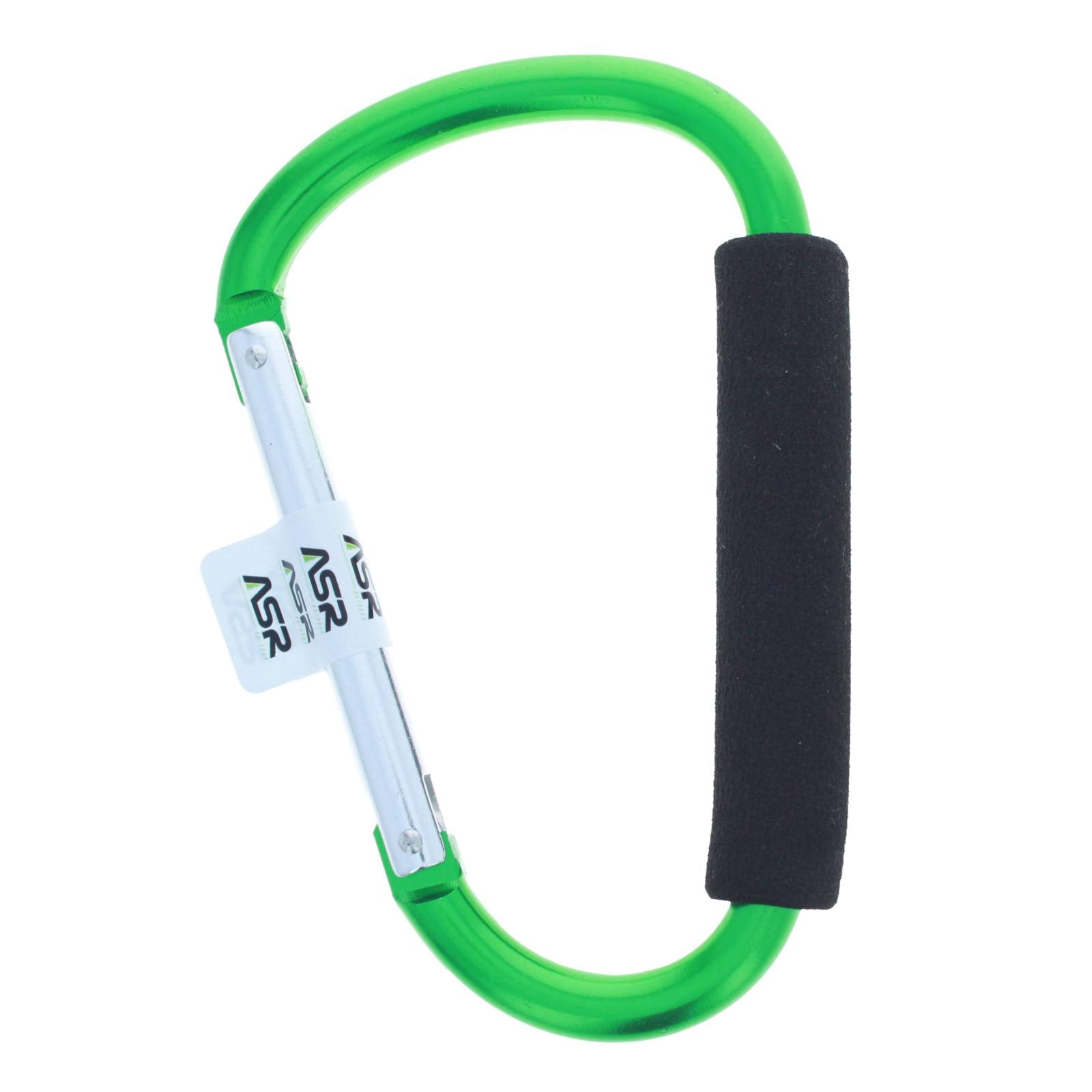 ASR Outdoor green cushioned carabiner clipped to a hiking pack for quick access