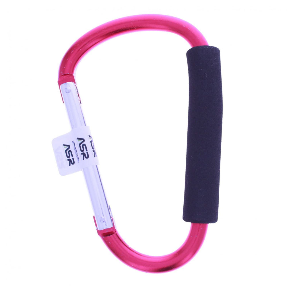 Close-up of ASR Outdoor jumbo carabiner's durable aluminum body in red
