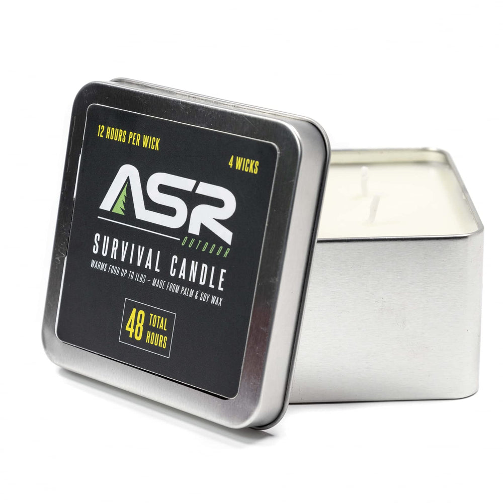 ASR Outdoor 4-wick survival candle in tin offers up to 12 hours per wick for versatile lighting