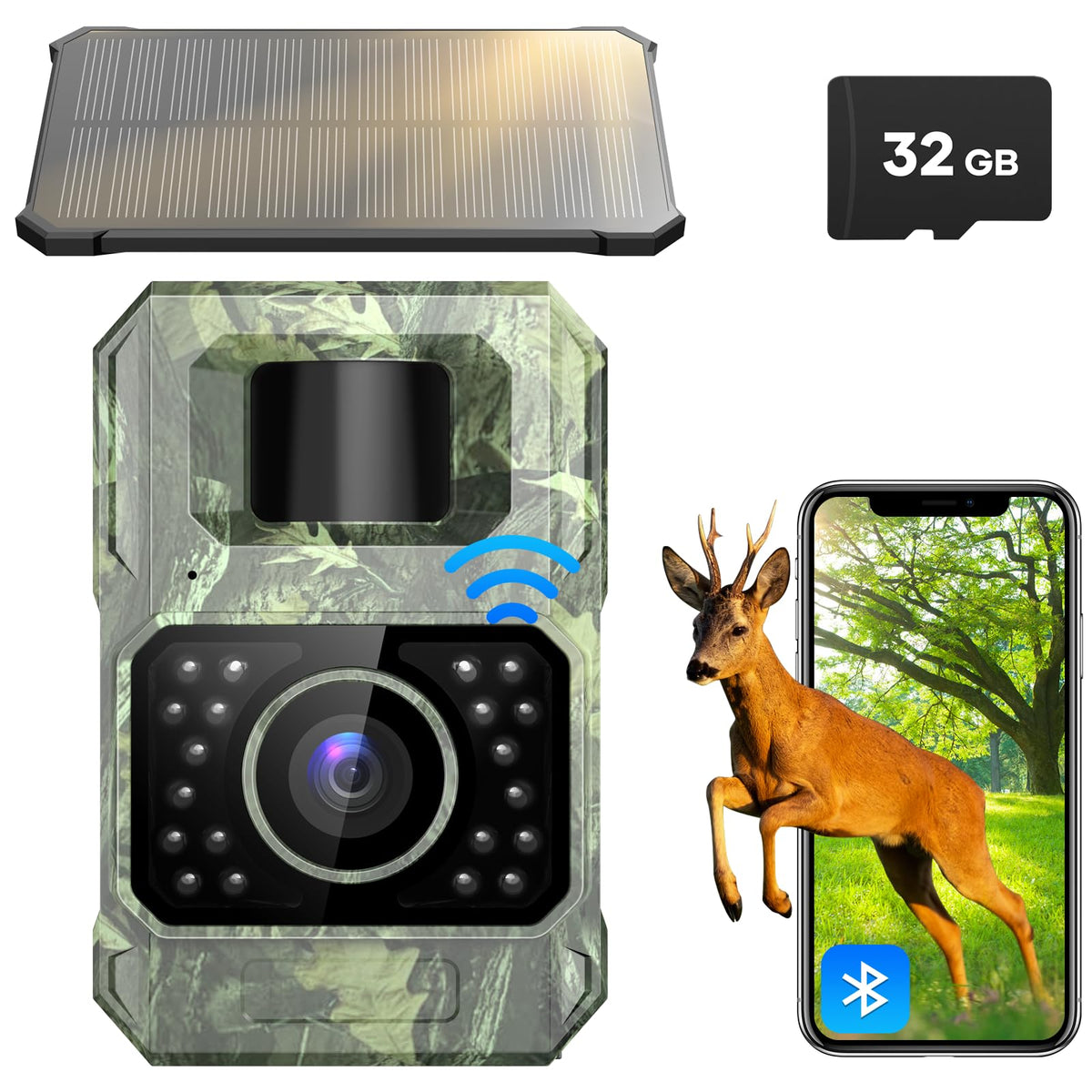 Assark Solar Trail Camera front panel highlighting rugged outdoor scouting capability.