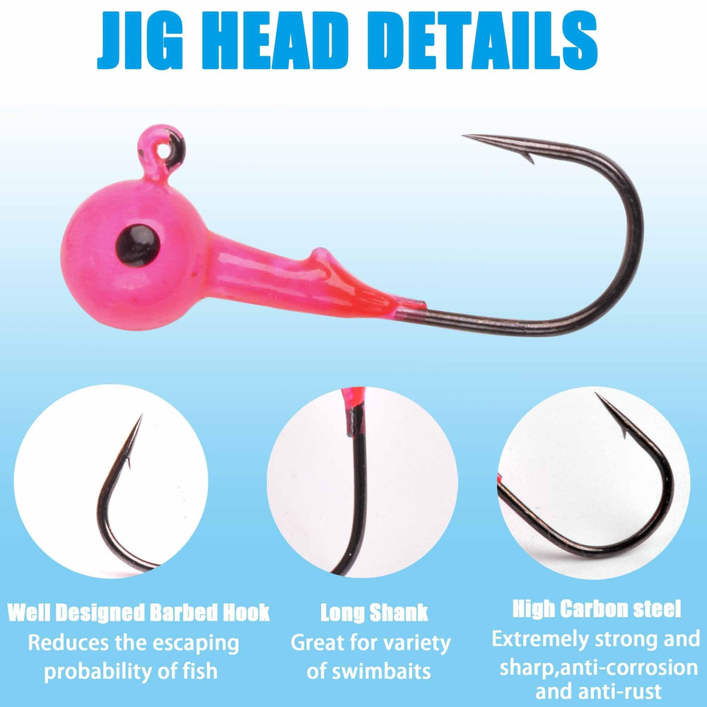Assorted color jig heads displaying variety in design