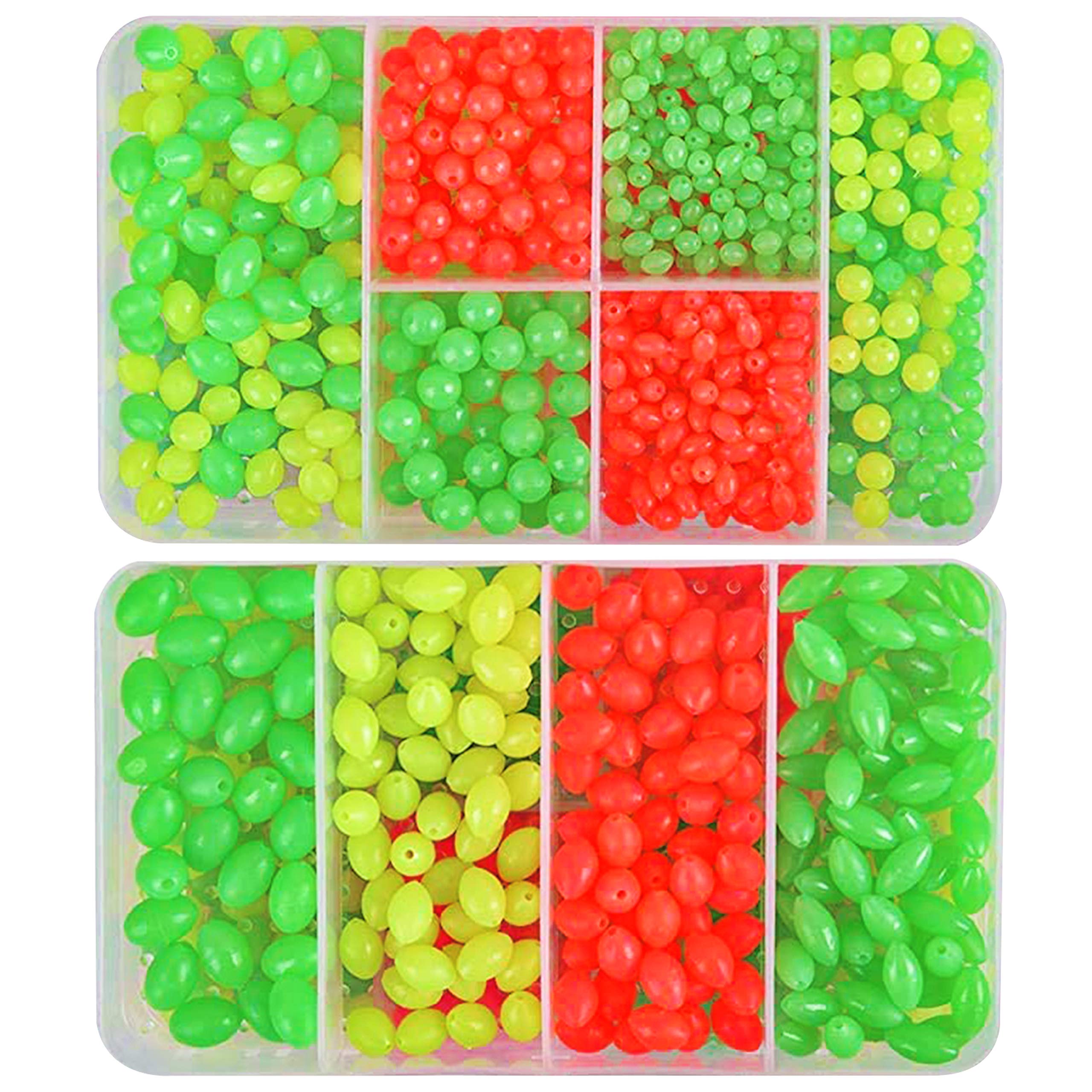 Glow-in-the-dark fishing beads in storage box (oval and round shapes)