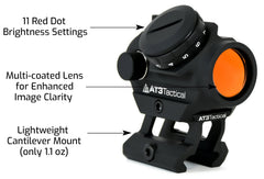 AT3 Tactical RD-50 PRO mounted on rifle shows bright amber lens visibility.