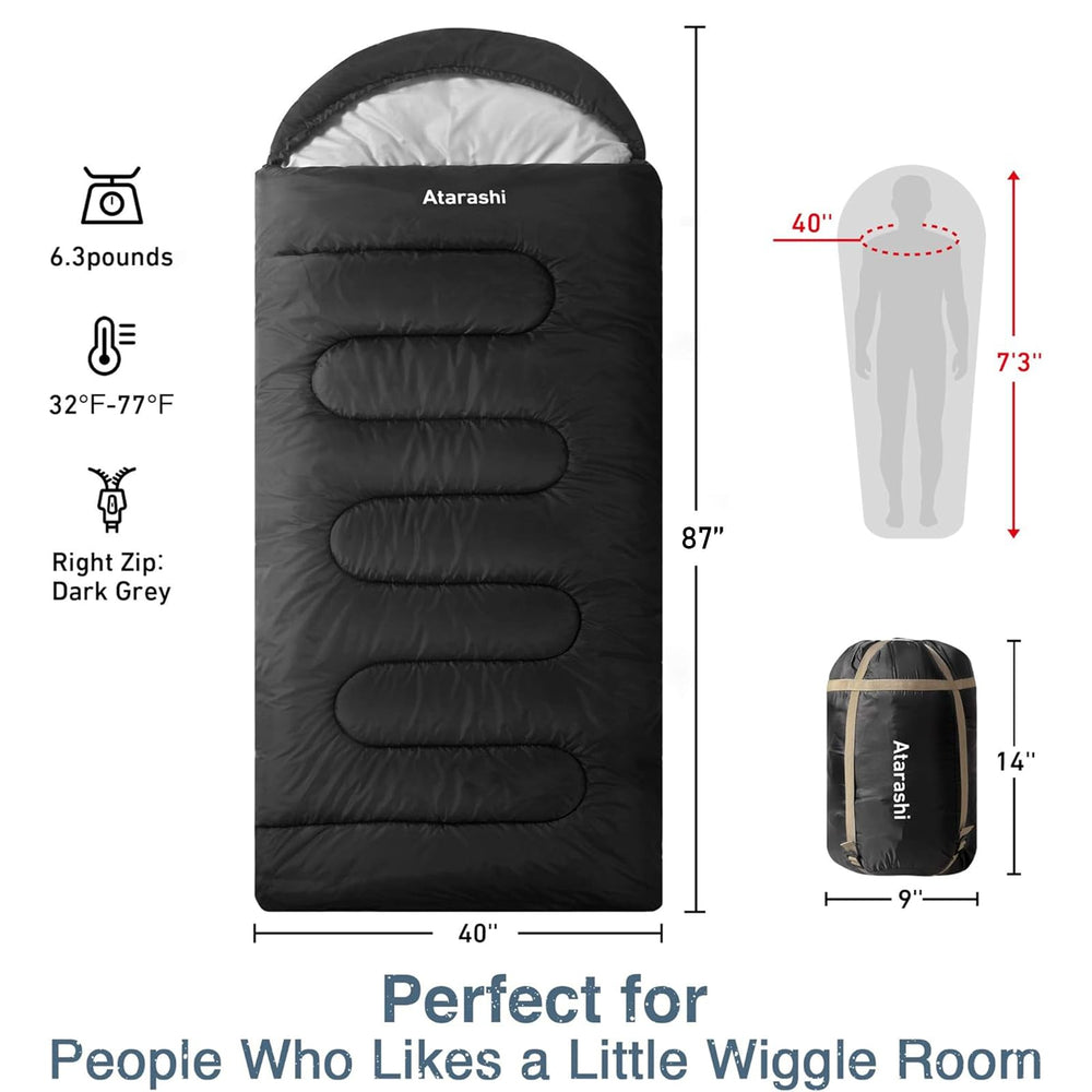 Atarashi sleeping bag XL with DWR nylon shell shields you from dew and drizzle.