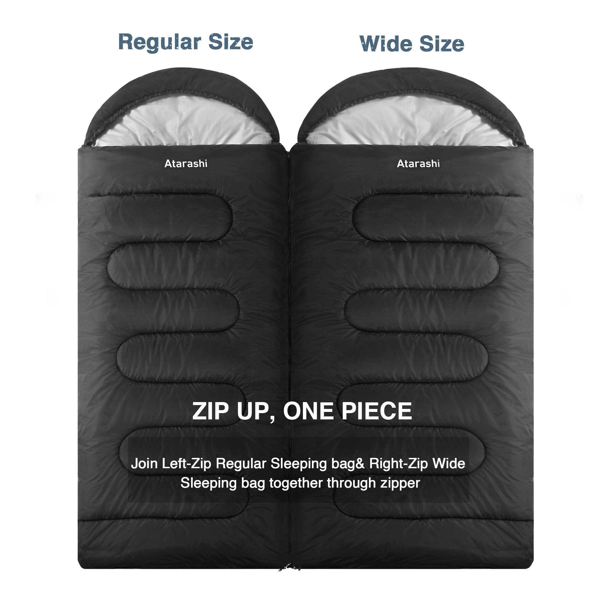 Atarashi sleeping bag XL hood with drawstring locks warmth on chilly nights.