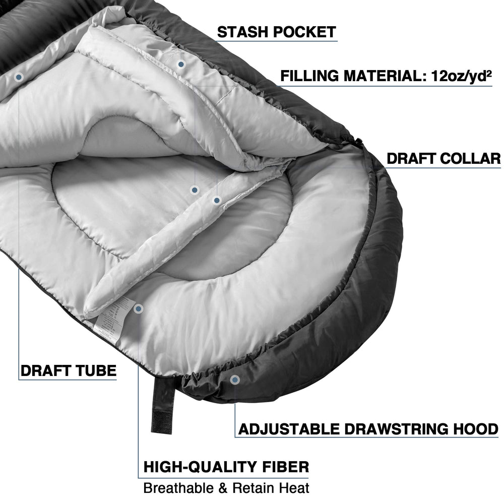 Atarashi sleeping bag XL shows semi-rectangle shape for comfortable side sleeping and mobility.