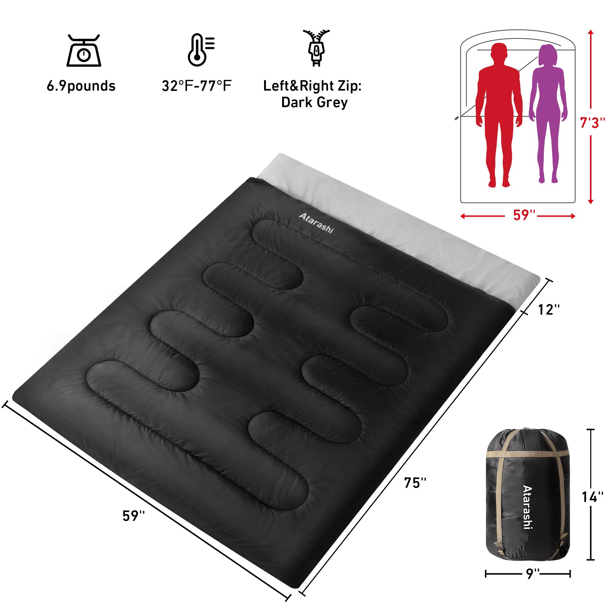 Atarashi double sleeping bag compact-pack design ideal for hikers