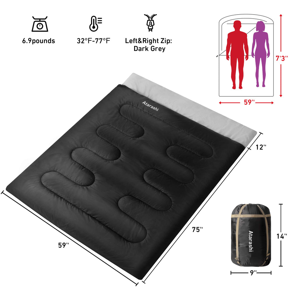 Atarashi double sleeping bag compact-pack design ideal for hikers