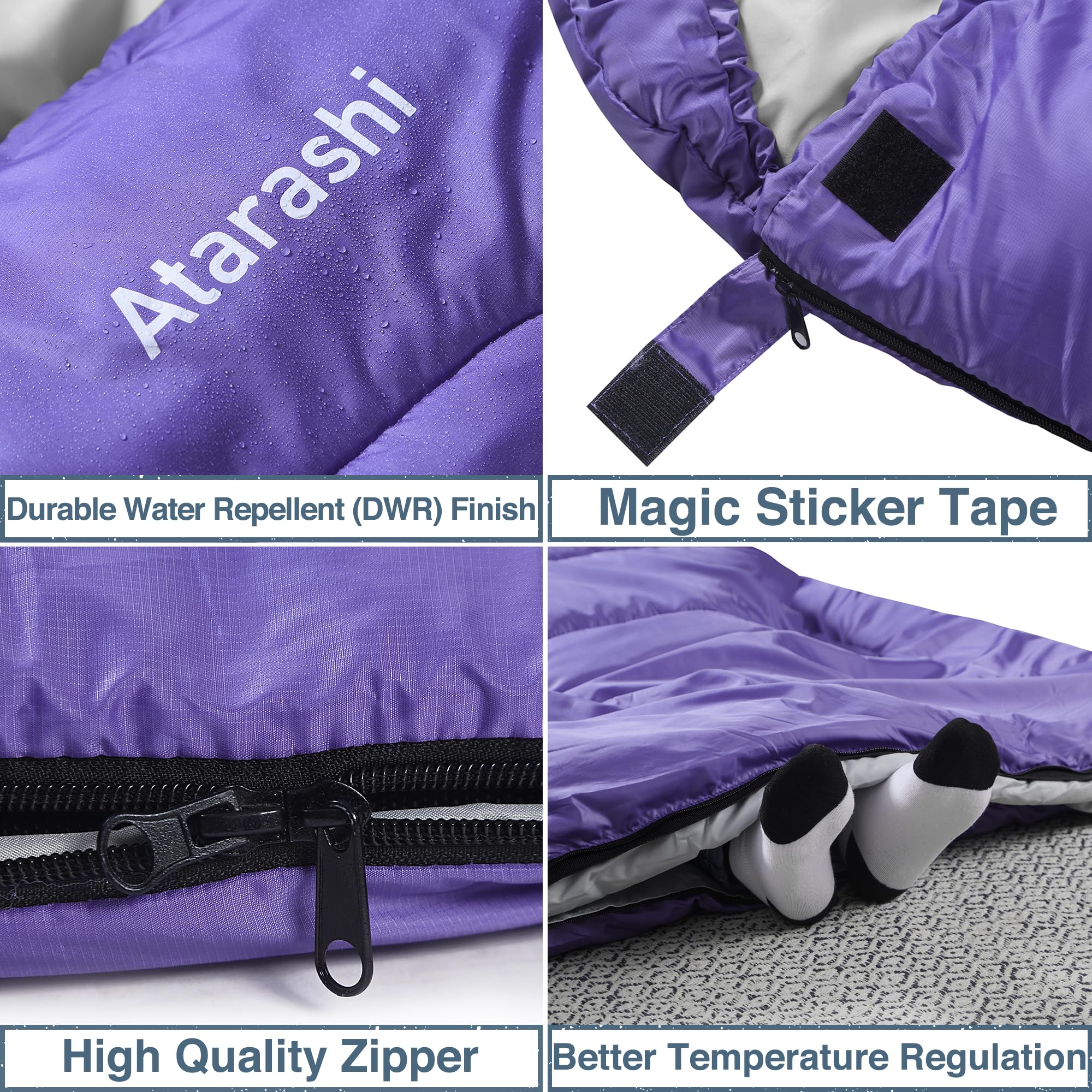 Atarashi sleeping bag draft collar showcases draft protection for cooler nights.
