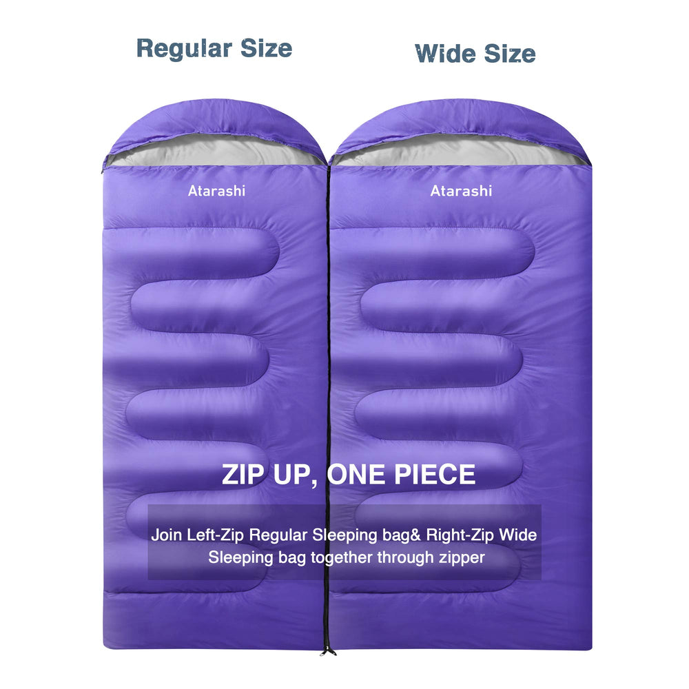 Atarashi wide sleeping bag semi-rectangle shape supports comfortable sleeping positions