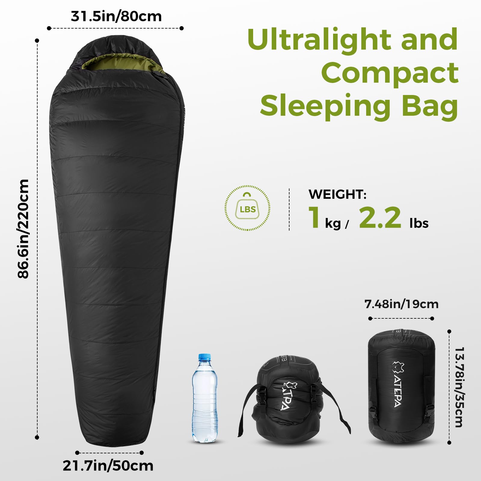 ATEPA down sleeping bag 86.61 by 31.50 inch sleep area