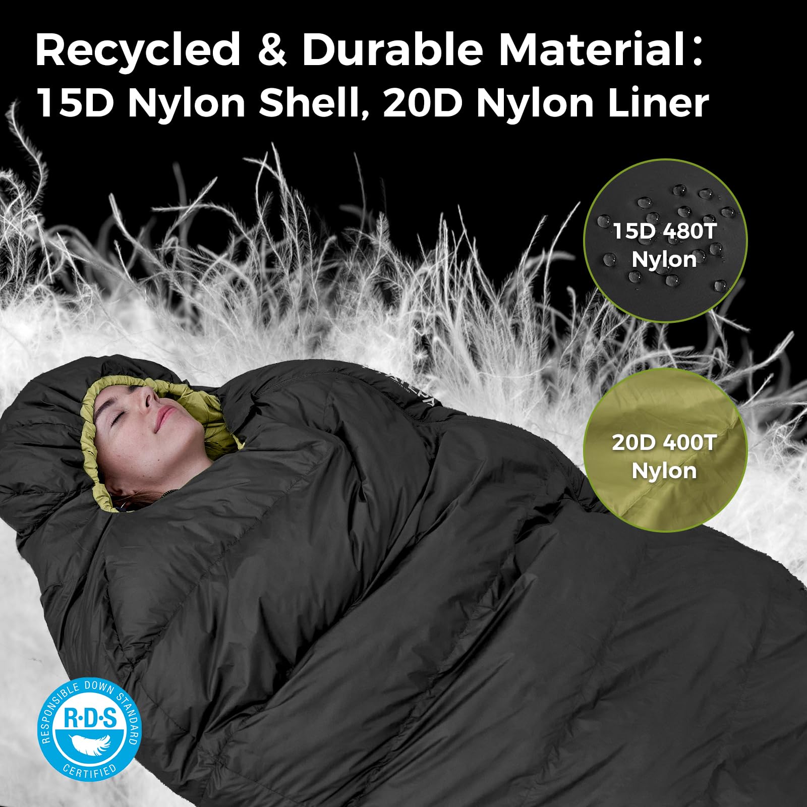 ATEPA down sleeping bag compact 13.8x7.5 inches fits in small packs