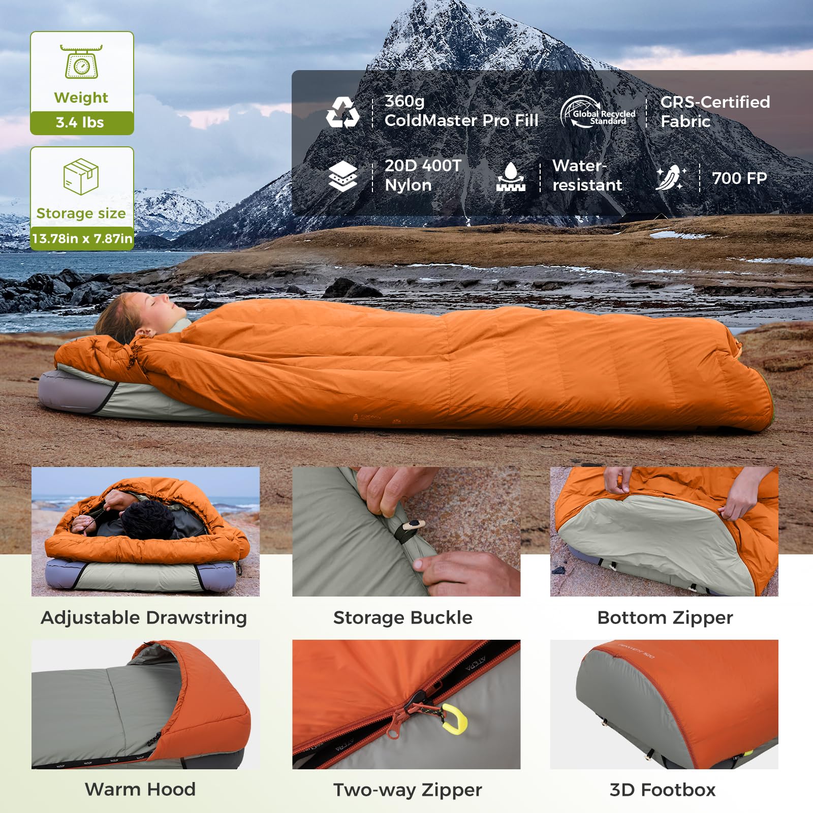 ATEPA compression sack illustrates packable size ideal for backpacking
