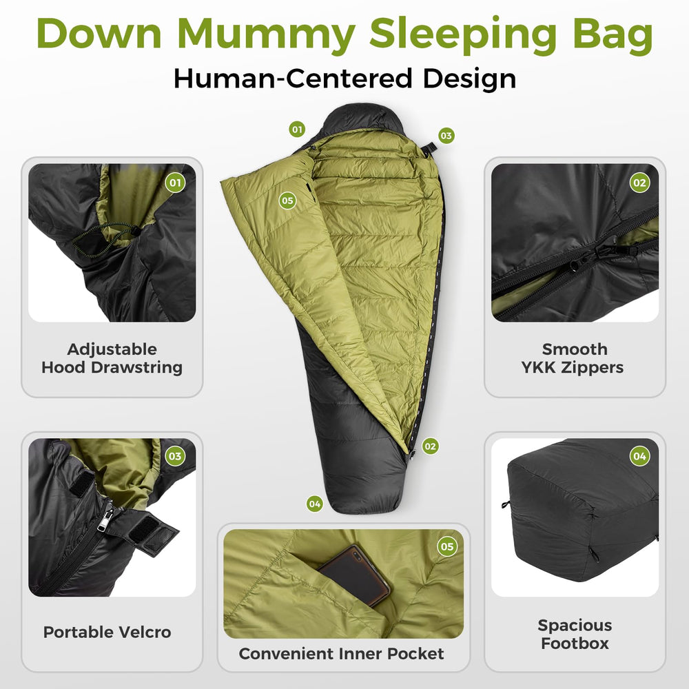 ATEPA down sleeping bag mummy shape closeup highlights contour and space