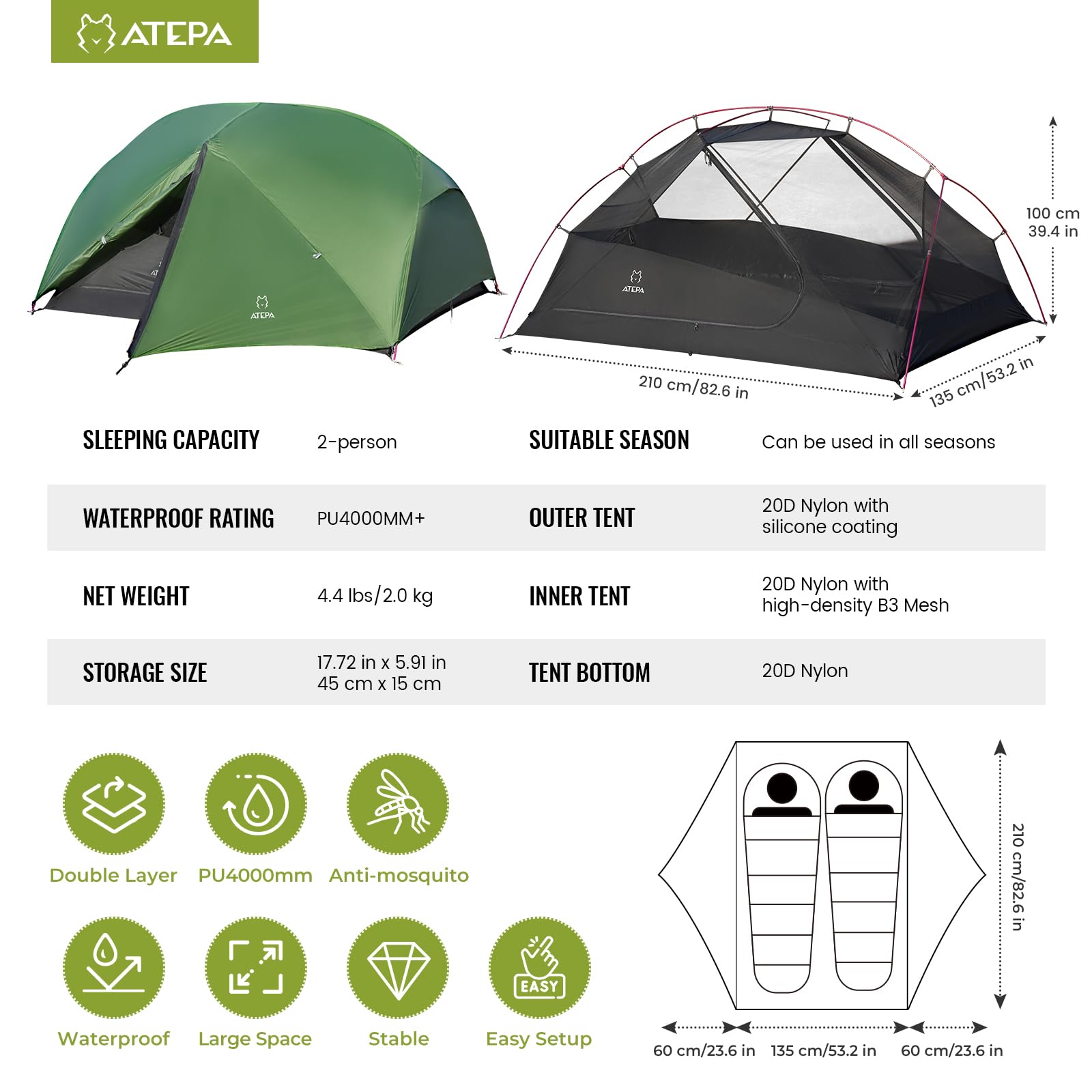 ATEPA nylon tent with 4000mm waterproof rainfly keeps you dry