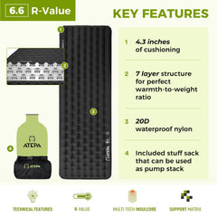 ATEPA ThermAir Pro pad inflates quickly with pump bag for fast outdoor setup.