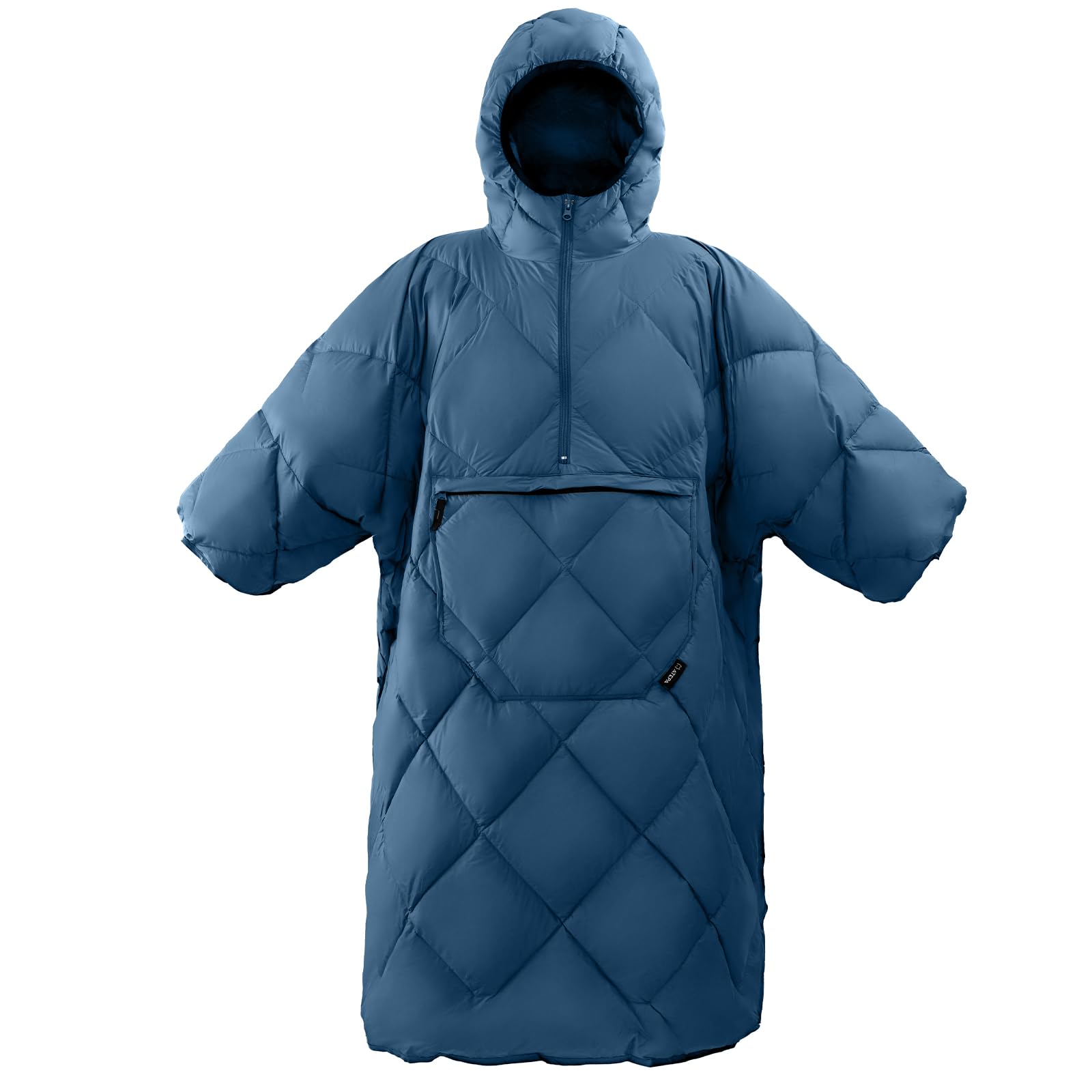 ATEPA wearable sleeping bag folded into its kangaroo pocket for compact portability.