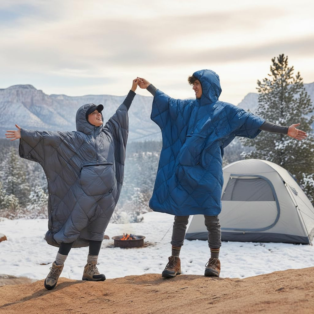ATEPA wearable sleeping bag in poncho mode offers hands-free warmth outdoors.