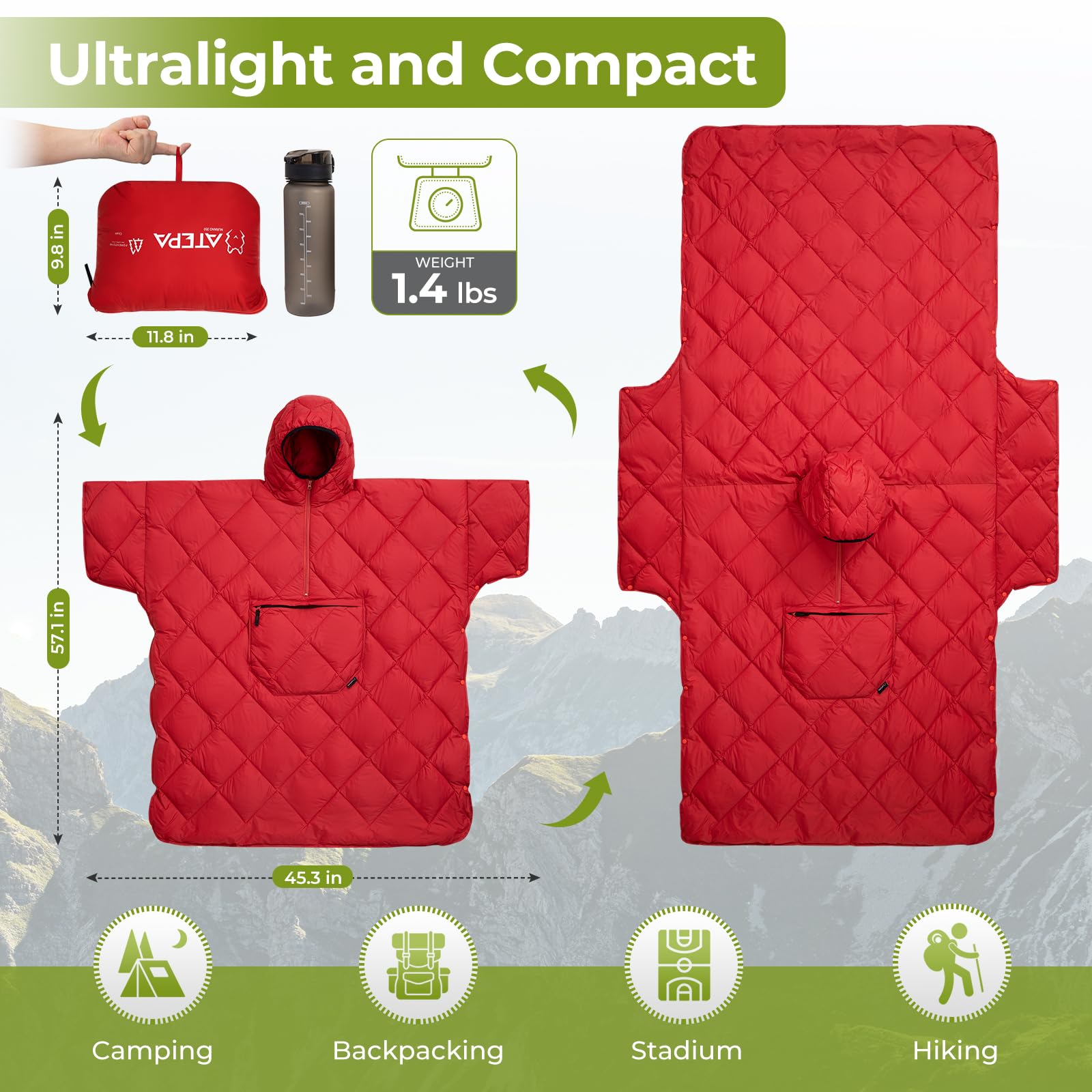 ATEPA wearable sleeping bag worn as a poncho for hands-free warmth