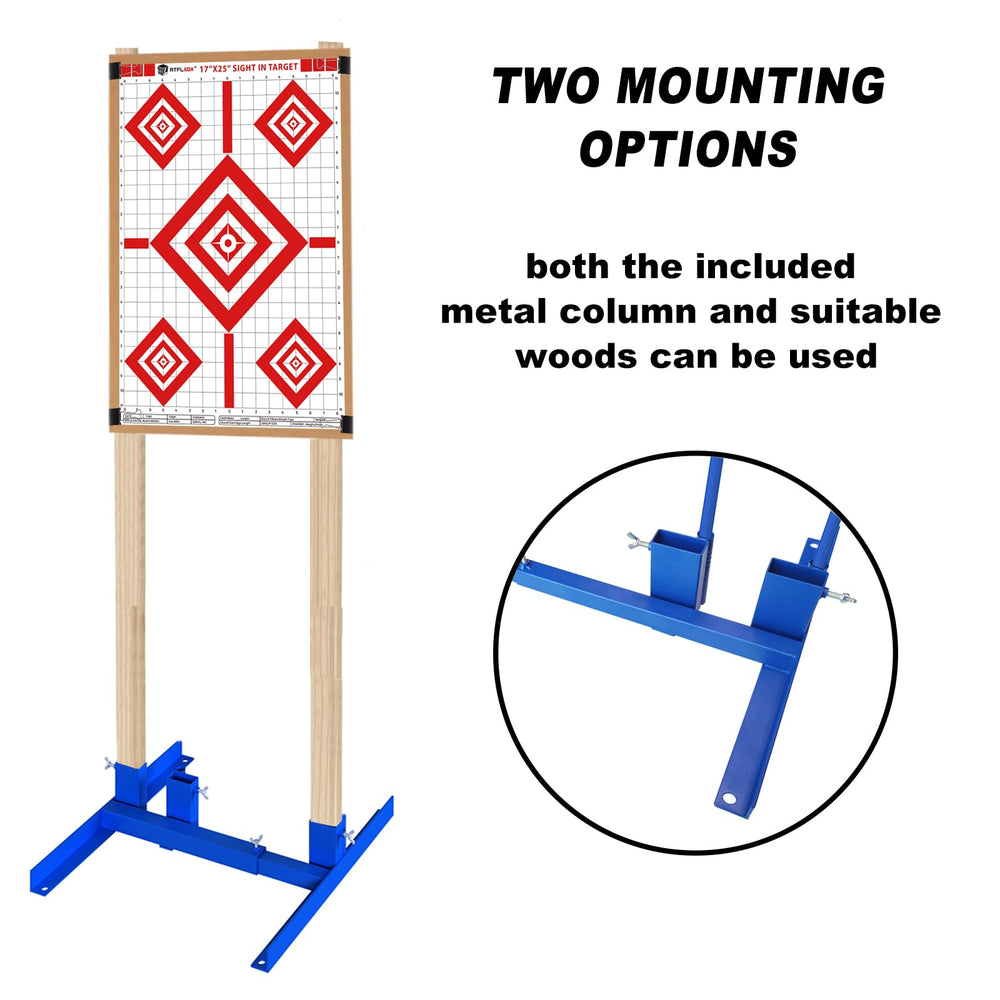 Atflbox paper target holder includes ground stakes to prevent wind-induced movement.