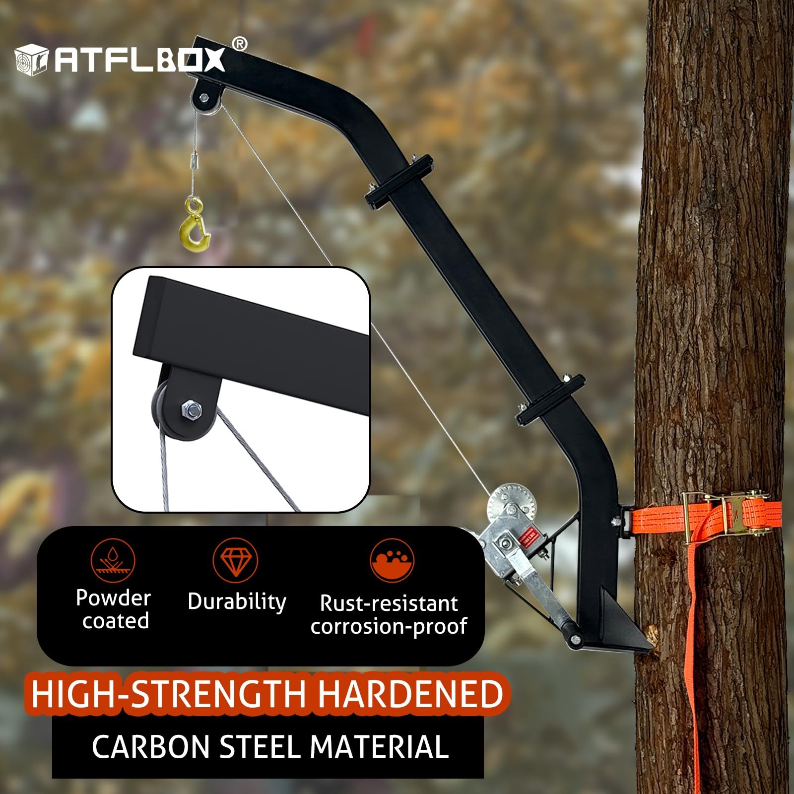 Atflbox ratchet strap securing load during deer hoist operation