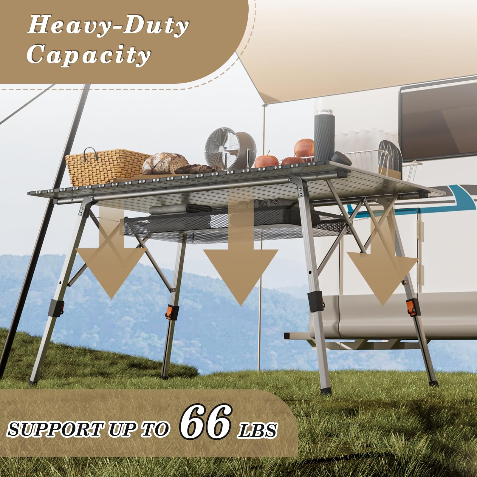 Athena Collection under-table mesh layer provides extra storage space during outings.