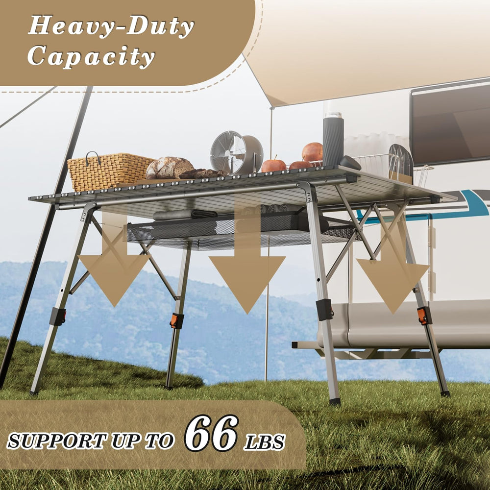 Athena Collection under-table mesh layer provides extra storage space during outings.