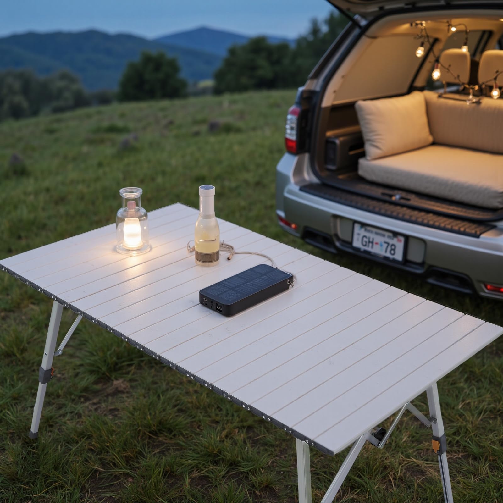 Athena Collection foldable table side view with telescopic legs for leveling on uneven terrain.