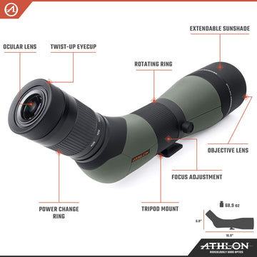 Athlon Optics Argos HD 20-60x85 45-degree angle eyepiece enables easy long-range observing.