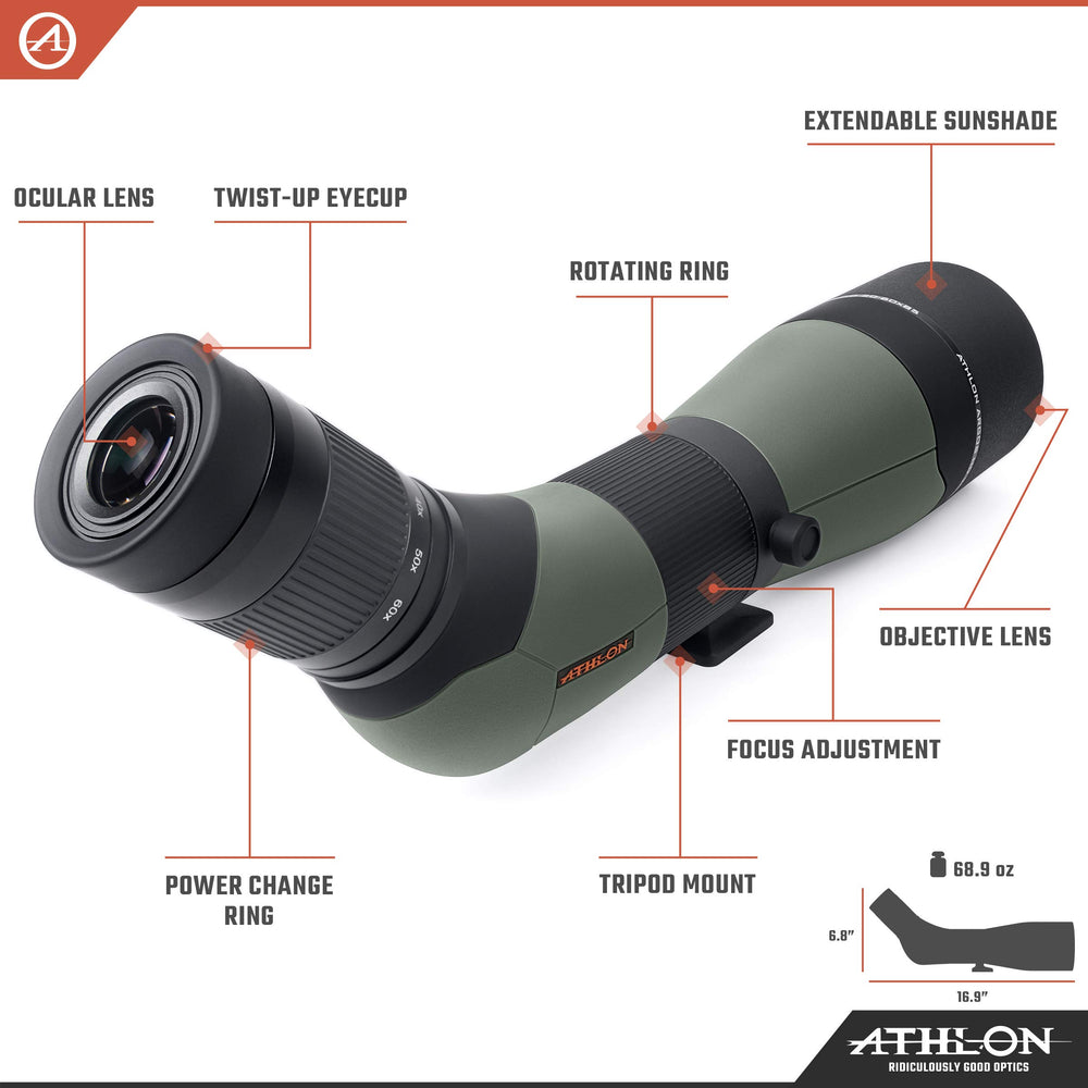 Athlon Optics Argos HD 20-60x85 45-degree angle eyepiece enables easy long-range observing.