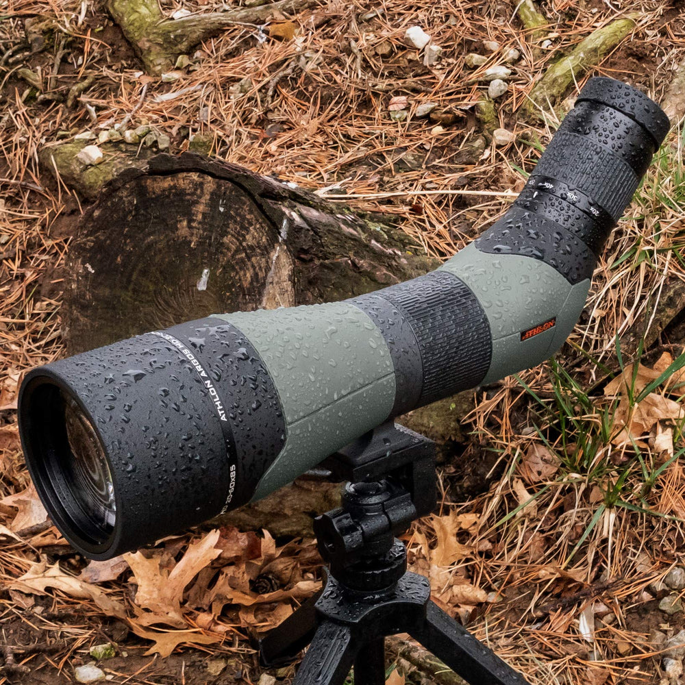 Athlon Optics Argos HD 20-60x85 rubber armor protects against bumps in the field.
