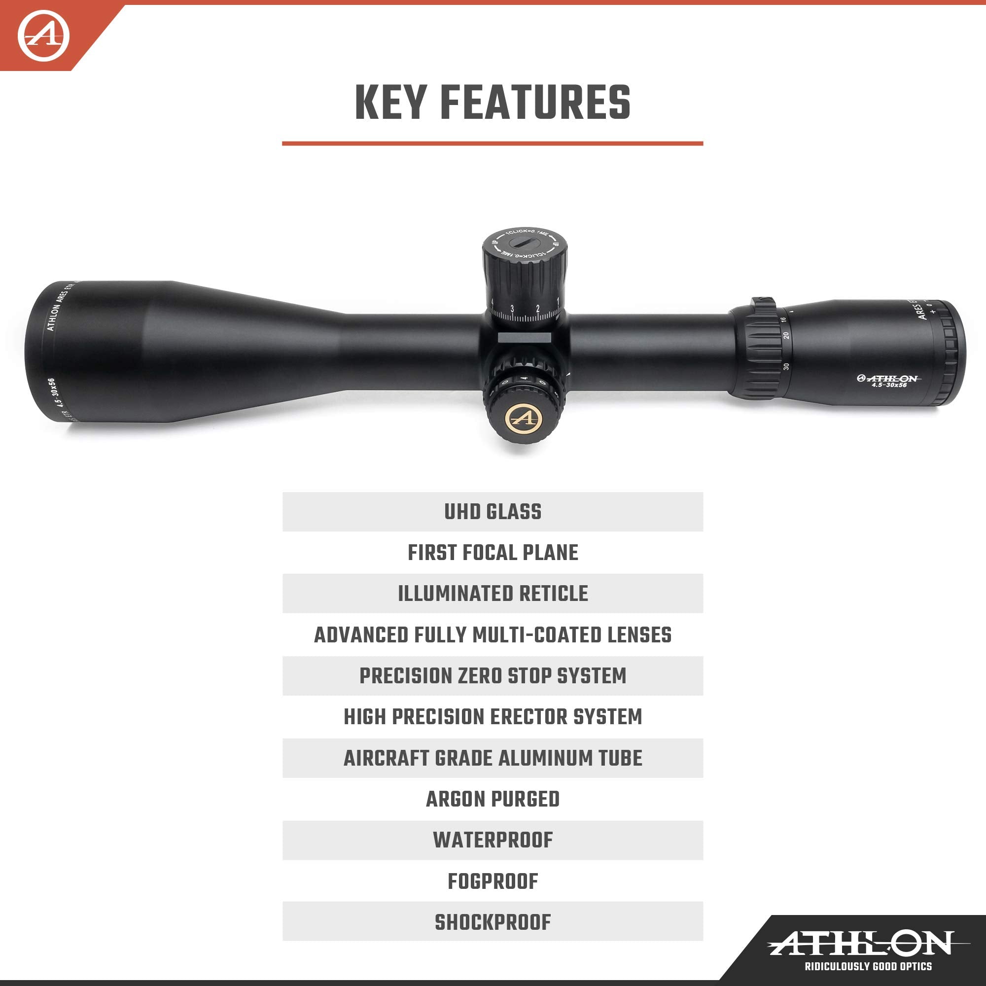 Athlon Optics Ares ETR 4.5-30x56 34mm tube increases rigidity and elevation range for demanding setups.