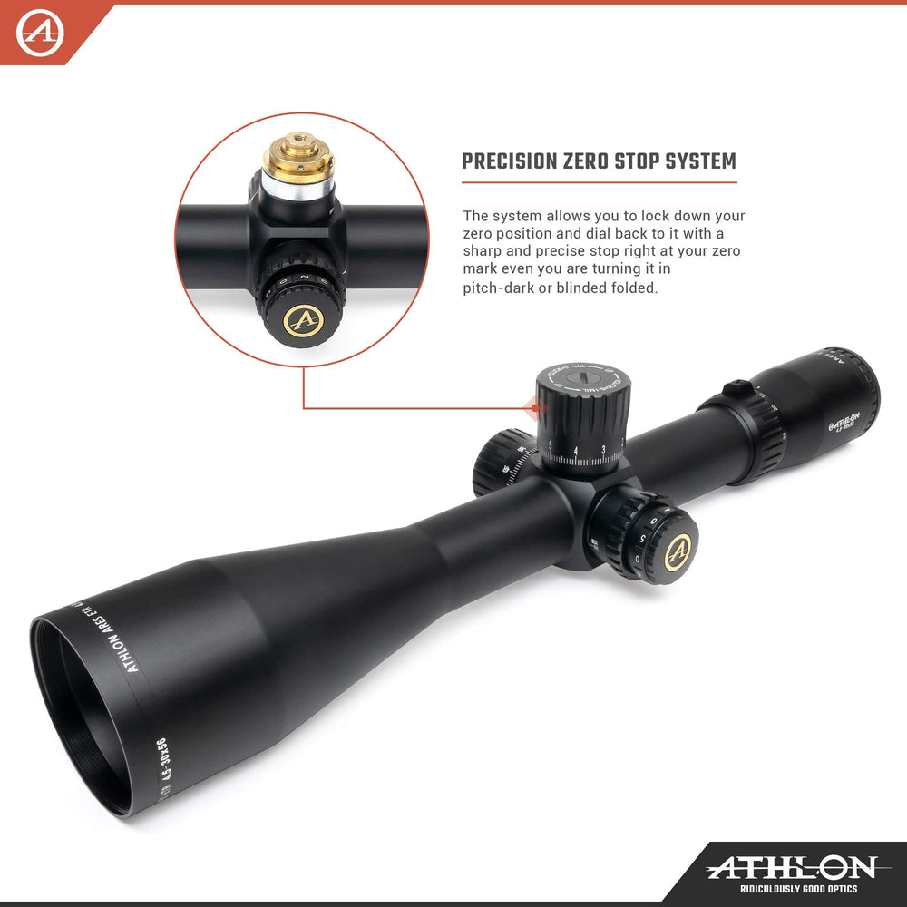 Athlon Optics Ares ETR 4.5-30x56 first focal plane reticle scales with magnification for accurate holds.