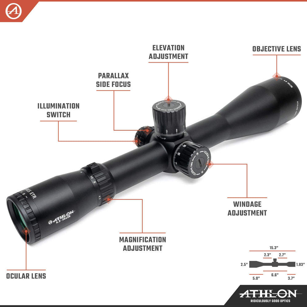 Athlon Optics Ares ETR 4.5-30x56 side focus provides parallax control for stable shots.