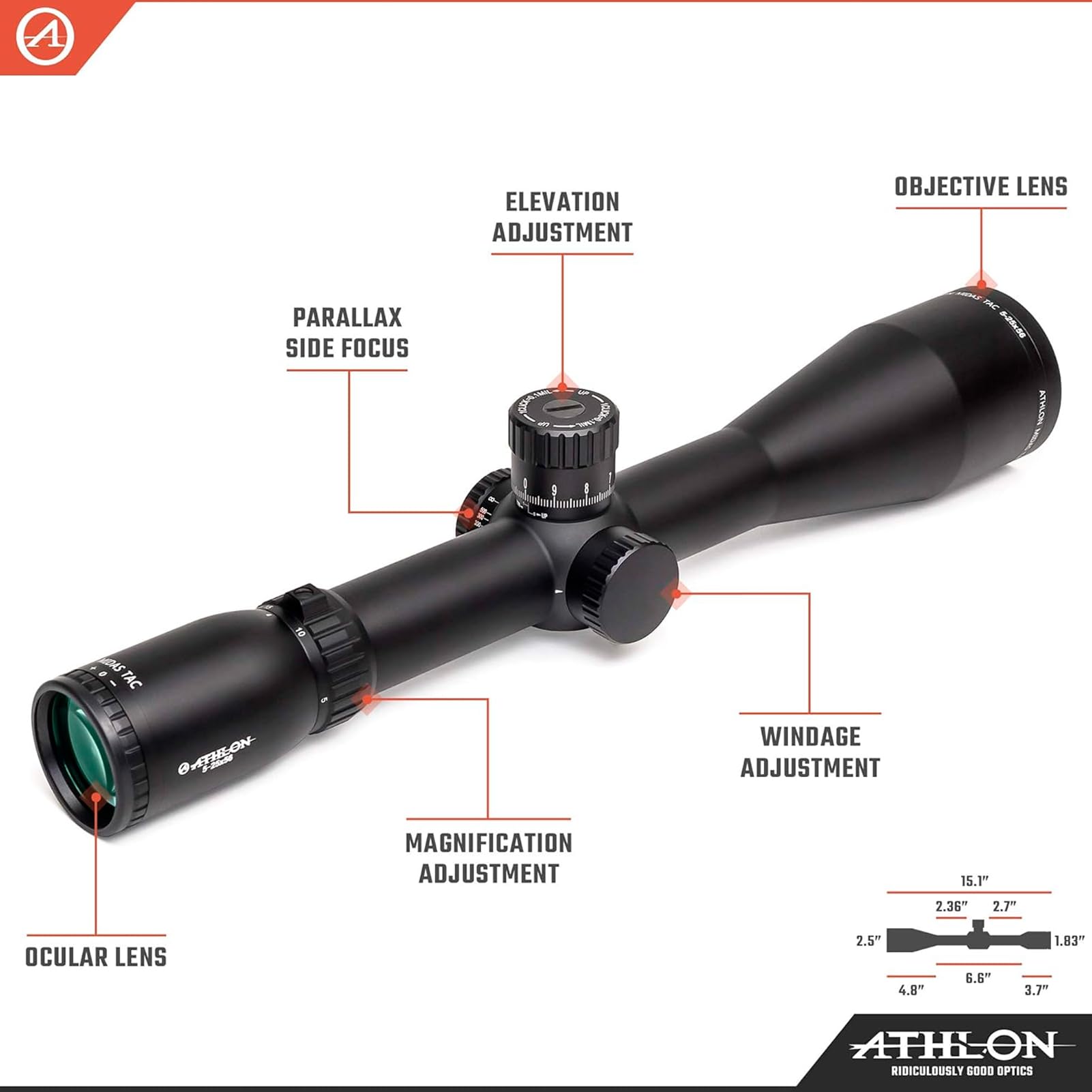 Athlon Optics Midas TAC 56mm objective lens delivers bright, wide field of view.