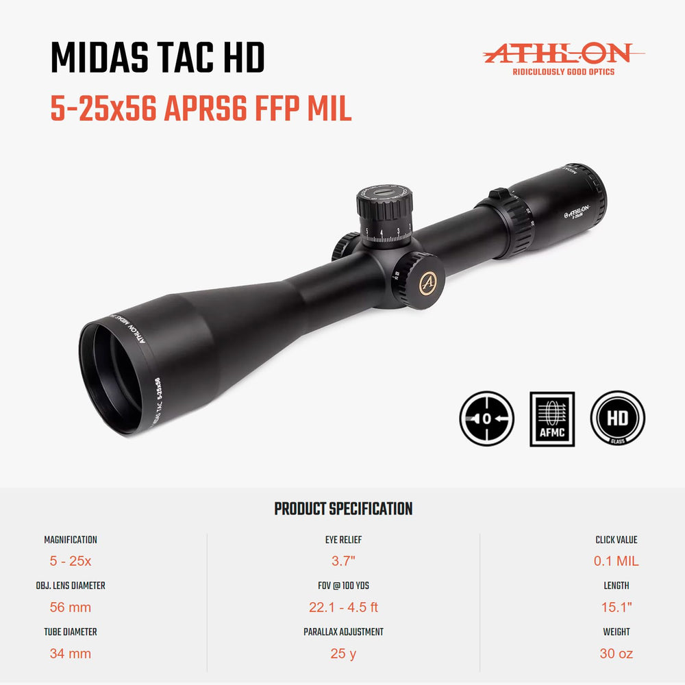 Athlon Optics Midas TAC 3.7 inch eye relief ensures comfortable viewing during long sessions.