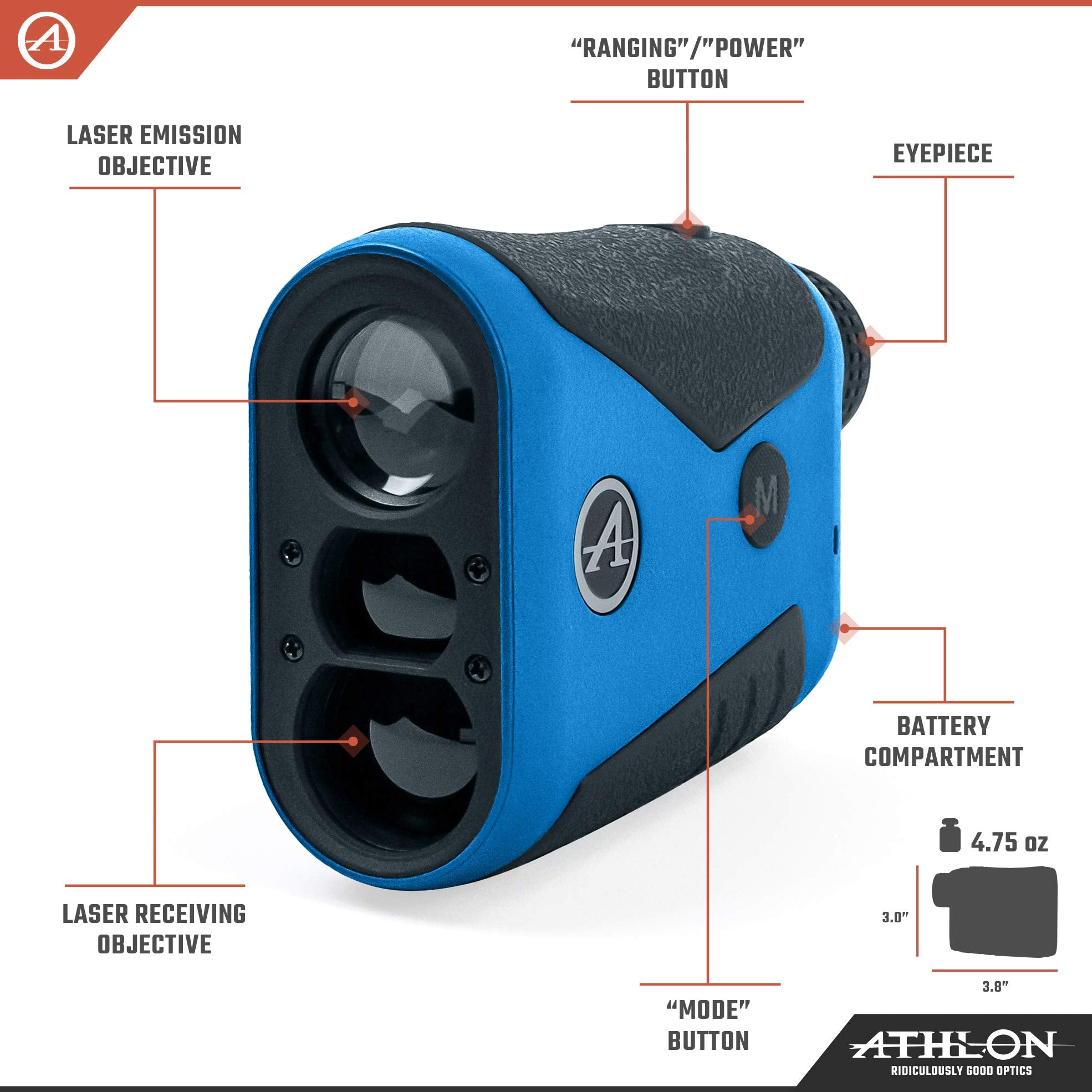 Athlon Talos 800Y rangefinder side profile showing ergonomic grip for one-handed use.