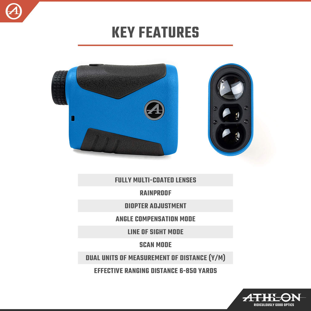 Athlon Talos 800Y blue top-down view highlights portable rangefinder size.