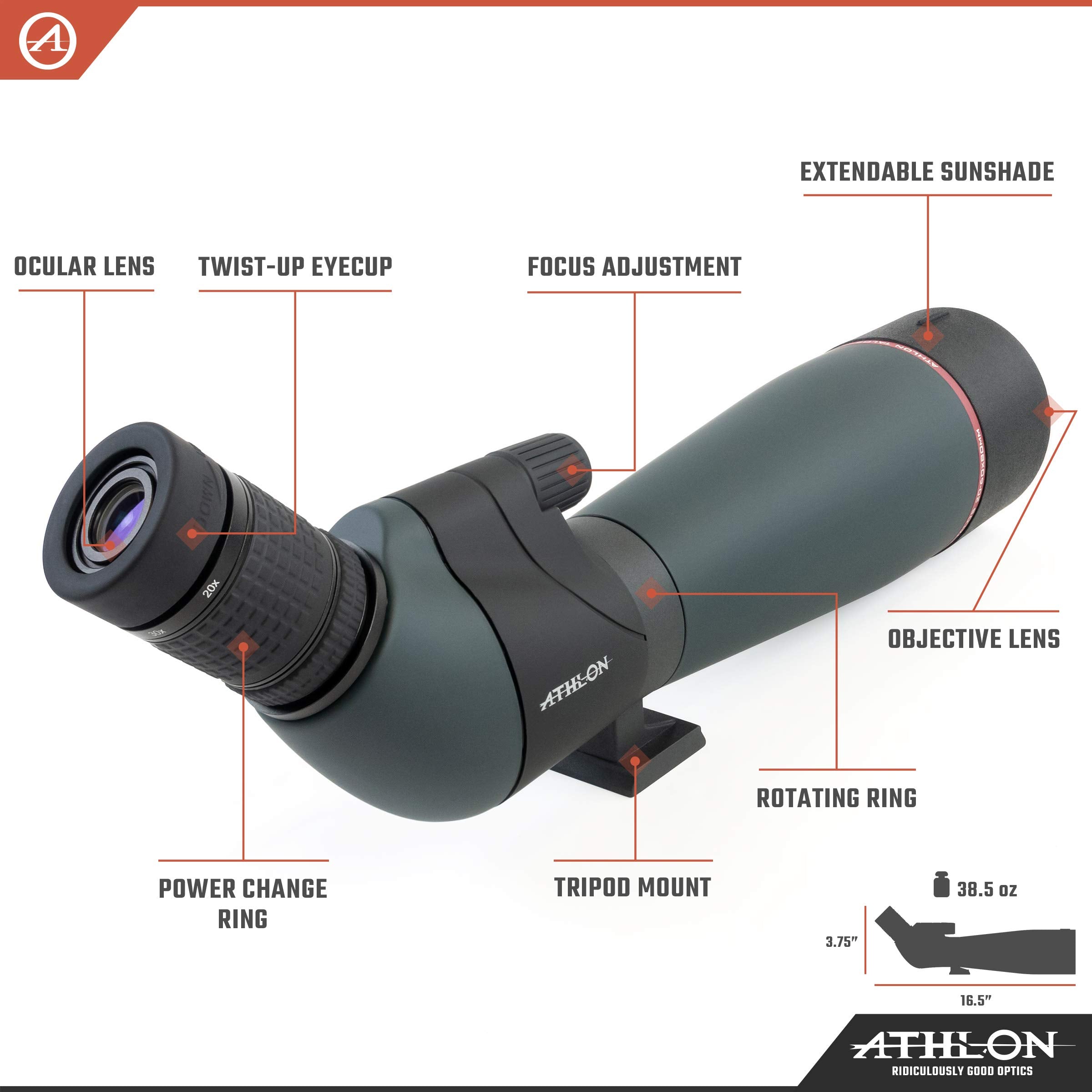 Athlon Talos spotting scope straight body enables ergonomic, steady viewing.